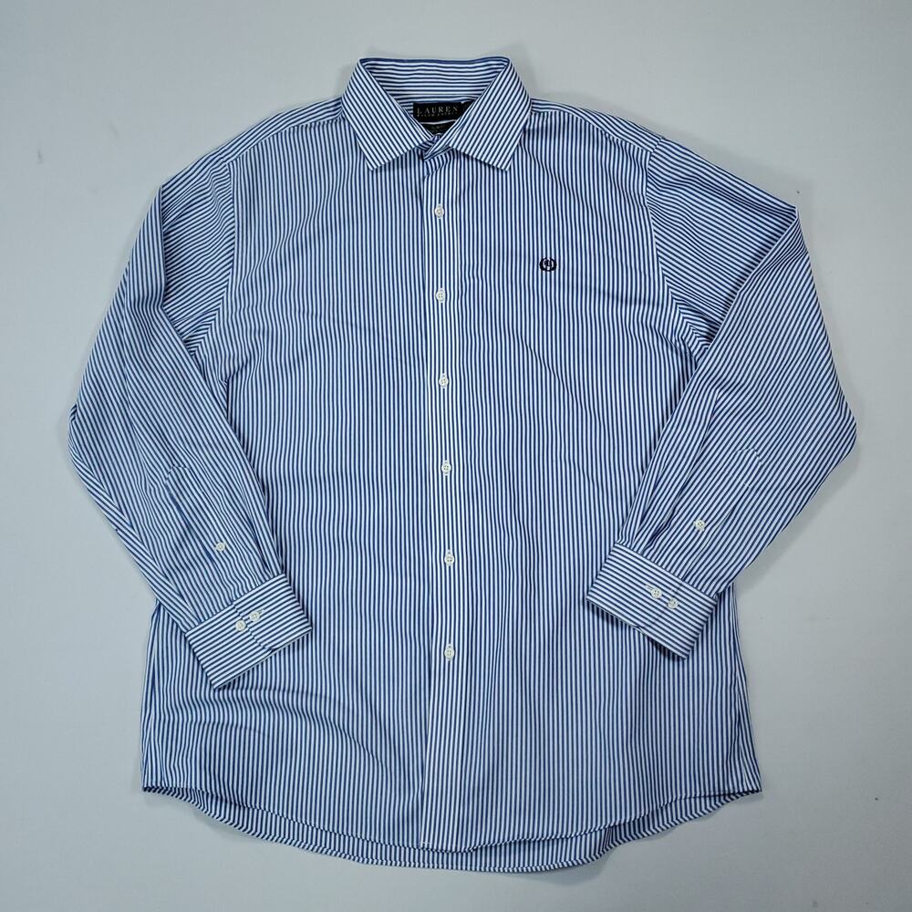 Ralph Lauren Button Down Shirt Crest Blue White Stripe Slim Fit Non Iron Sz 17.5